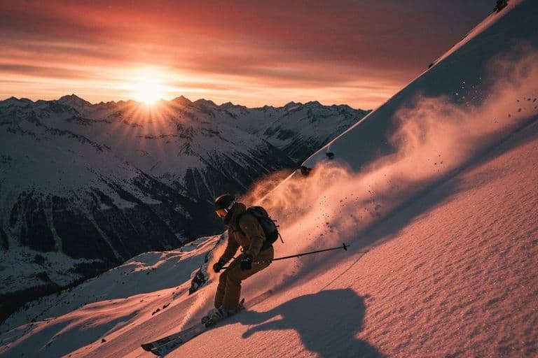 Expert skier carving through fresh powder in Crans-Montana with panoramic Swiss Alps views