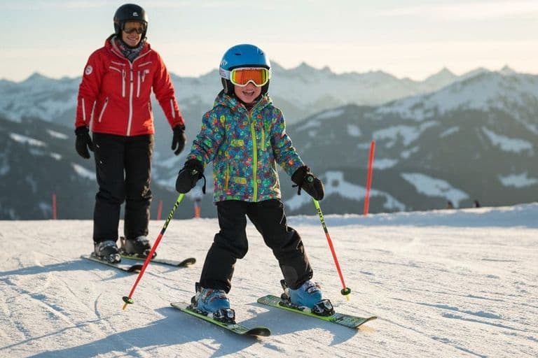 Happy child skiing in Crans-Montana