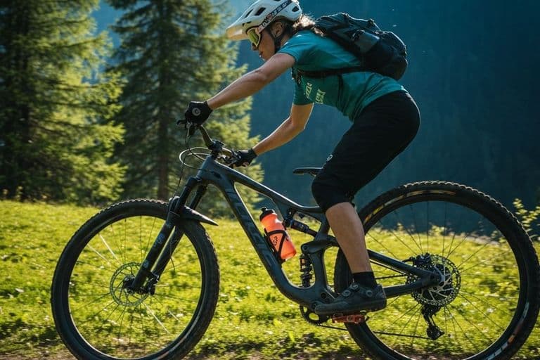 Mountain biker riding through alpine meadows in Crans-Montana