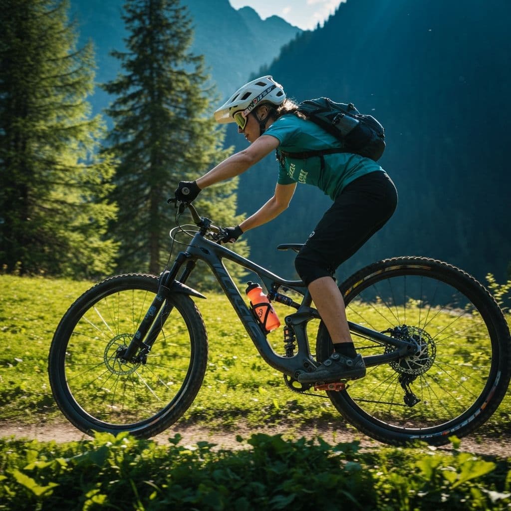 Mountainbiker fährt durch Alpwiesen in Crans-Montana