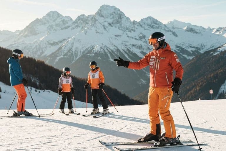 Ski instructor teaching on a sunny alpine slope in Crans-Montana