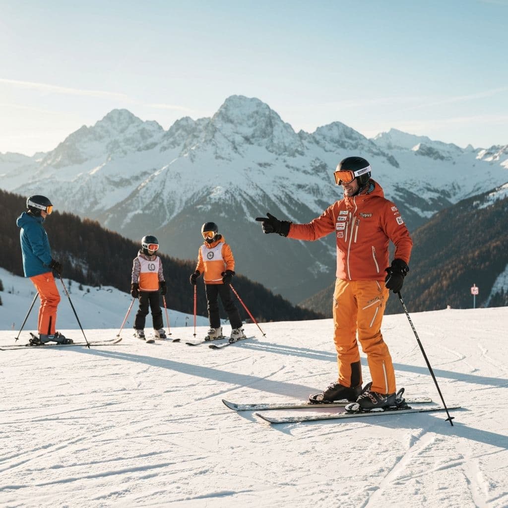 Skilehrer beim Unterricht auf einer sonnigen Piste in Crans-Montana