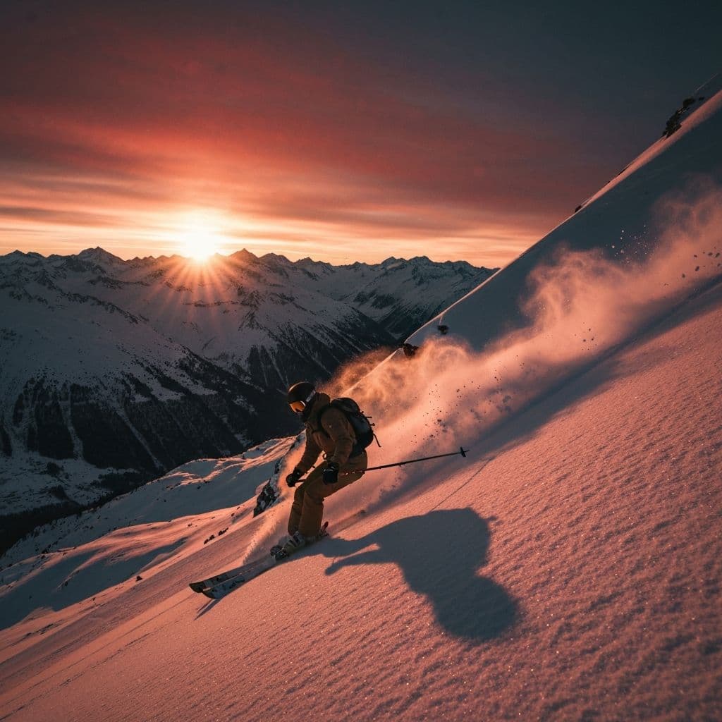 Erfahrener Skifahrer zieht Schwünge im frischen Pulverschnee von Crans-Montana mit Panoramablick auf die Schweizer Alpen