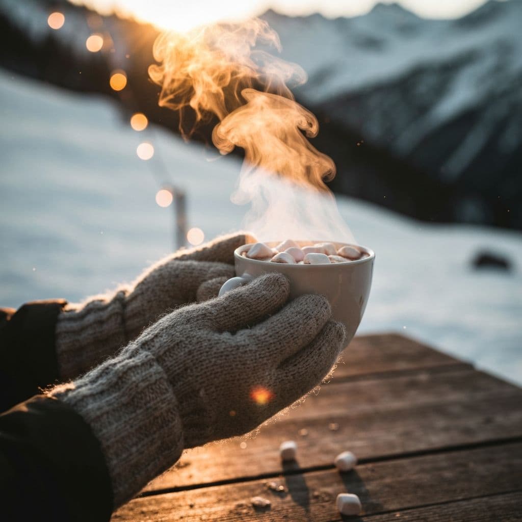 Steaming hot chocolate in the snow at sunset in Crans-Montana