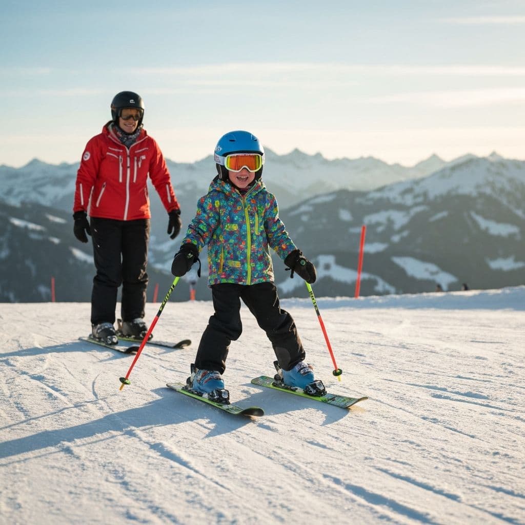 Glückliches Kind beim Skifahren in Crans-Montana