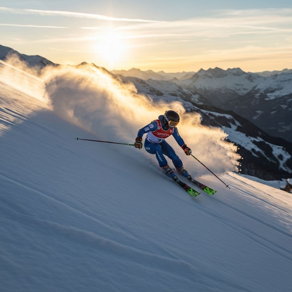Skifahrer wirbelt auf einer sonnigen Piste in Crans-Montana Pulverschnee auf