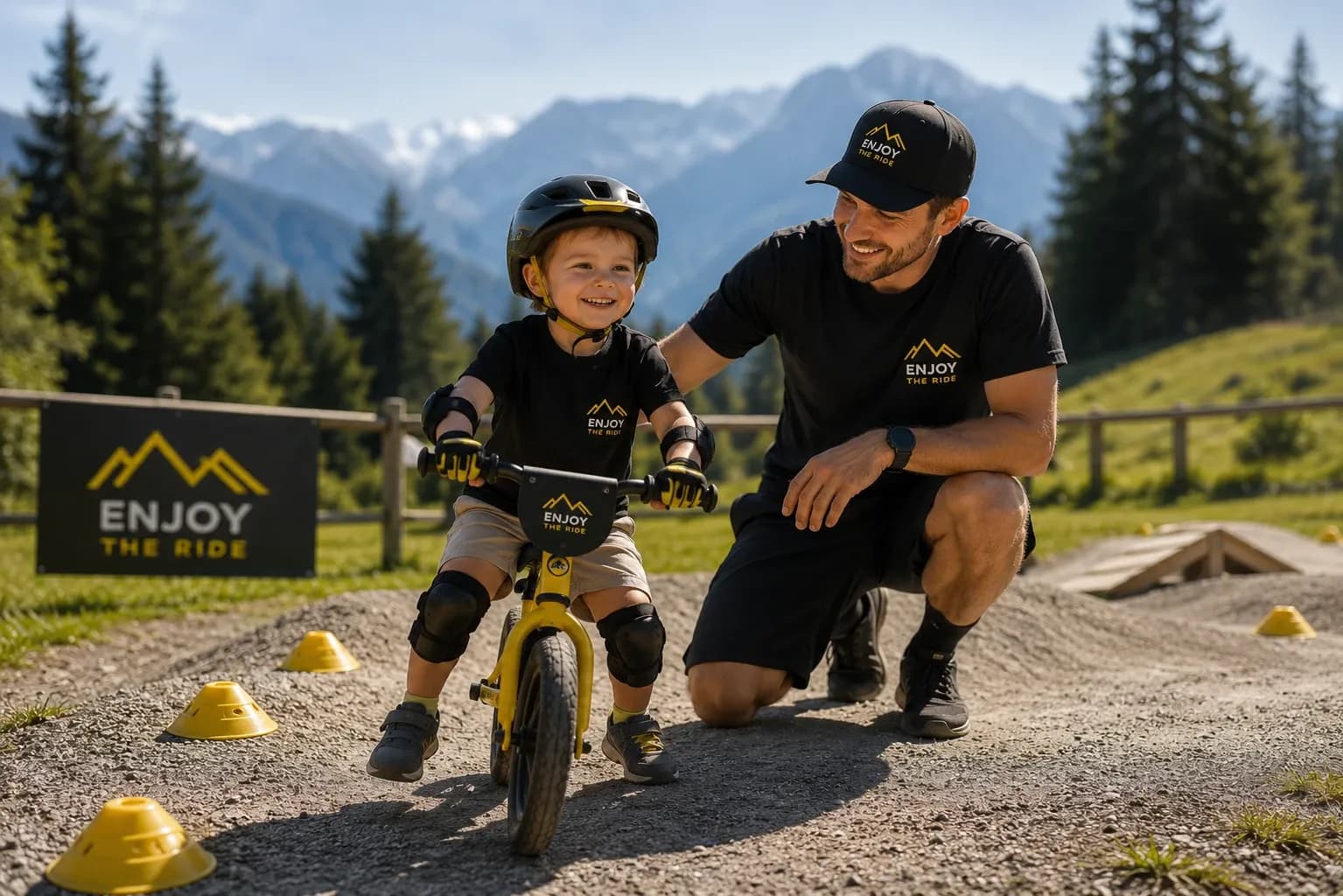 A young child learning to bike with Enjoy the ride bike school Crans-Montana